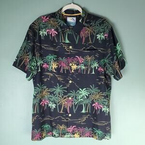 Tommy Bahama Mens Black Pink Silk Palm Tree Print Button Up SS Shirt Size Large